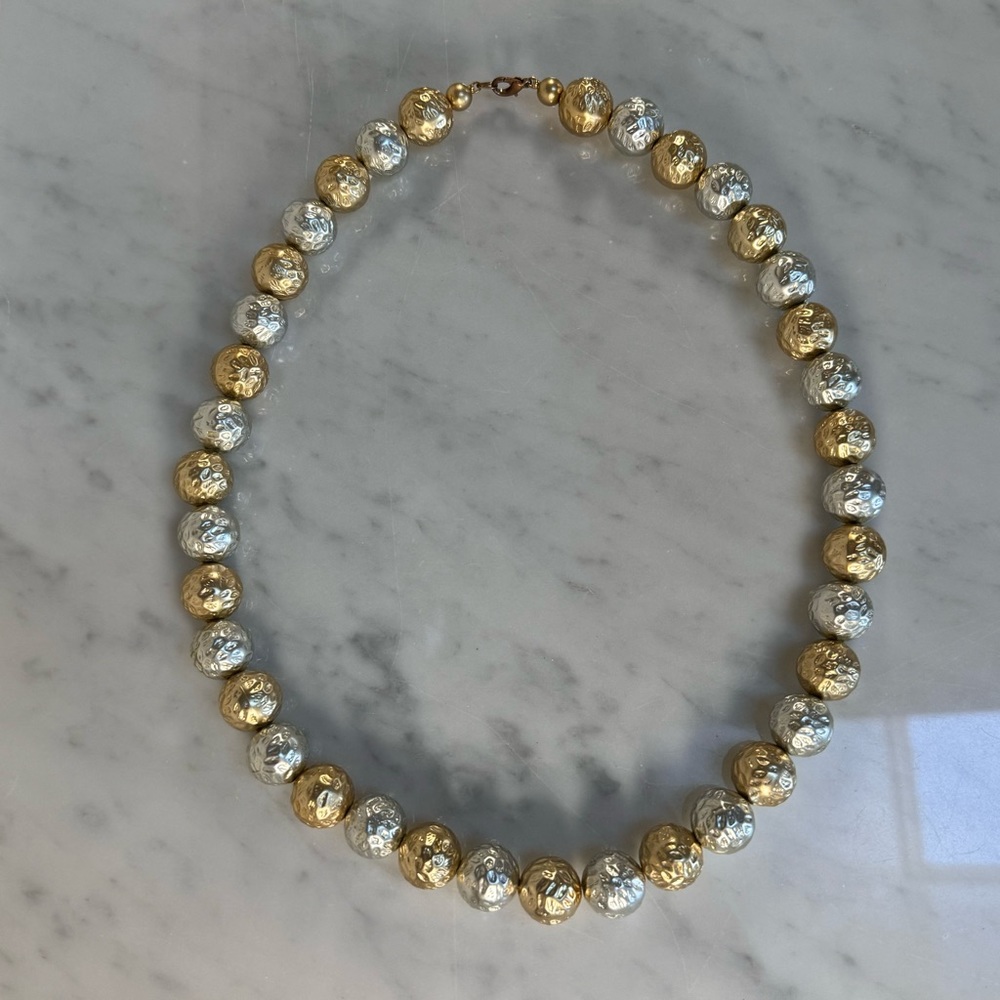 Vintage Silver & Gold Textured Shiny Round Beaded Necklace Lobster Clasp 24.5"L - Picture 5 of 7
